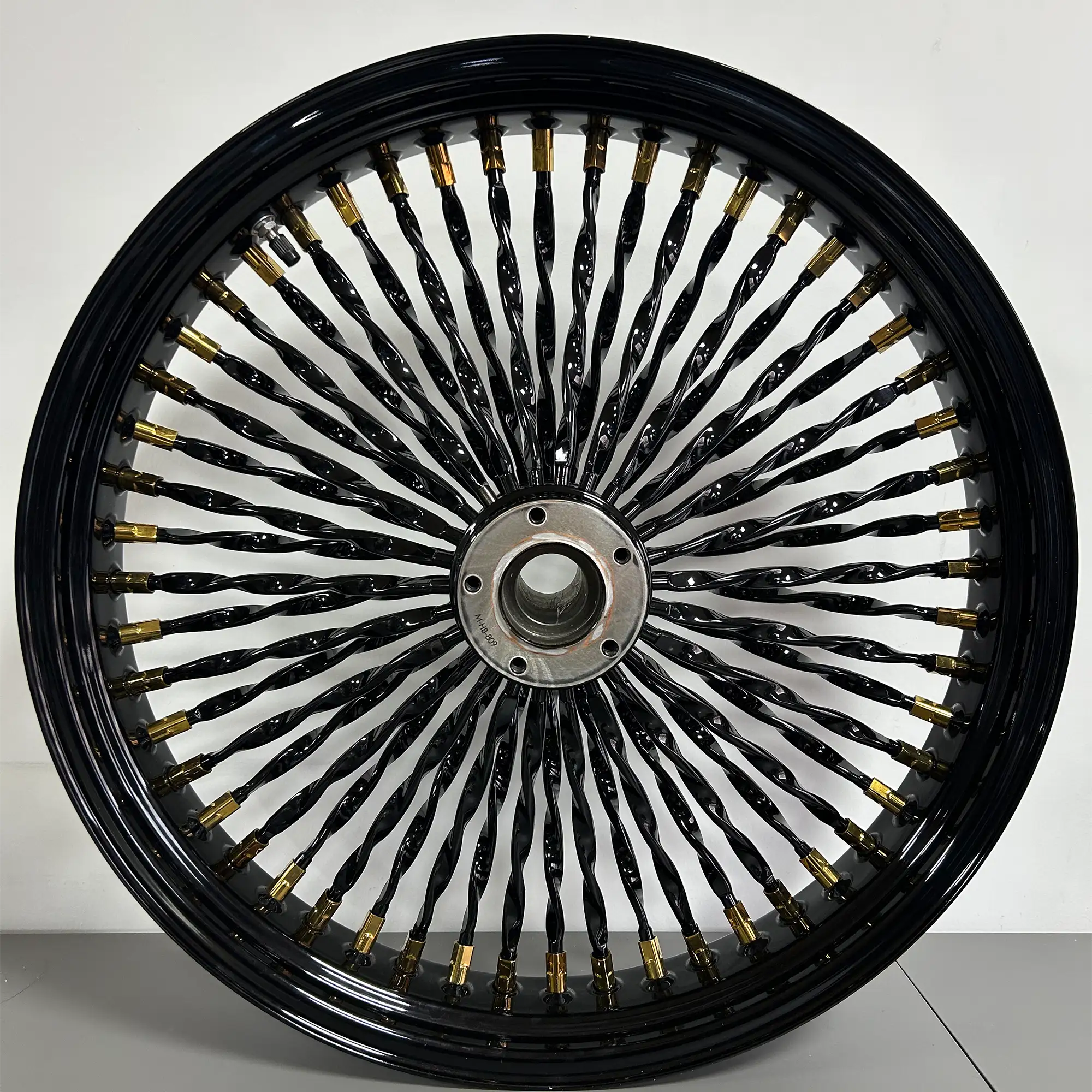 Fat 52 Twisted Stainless-Steel Spoke Wheel — Black with Gold-Plated Nipples - Image 4