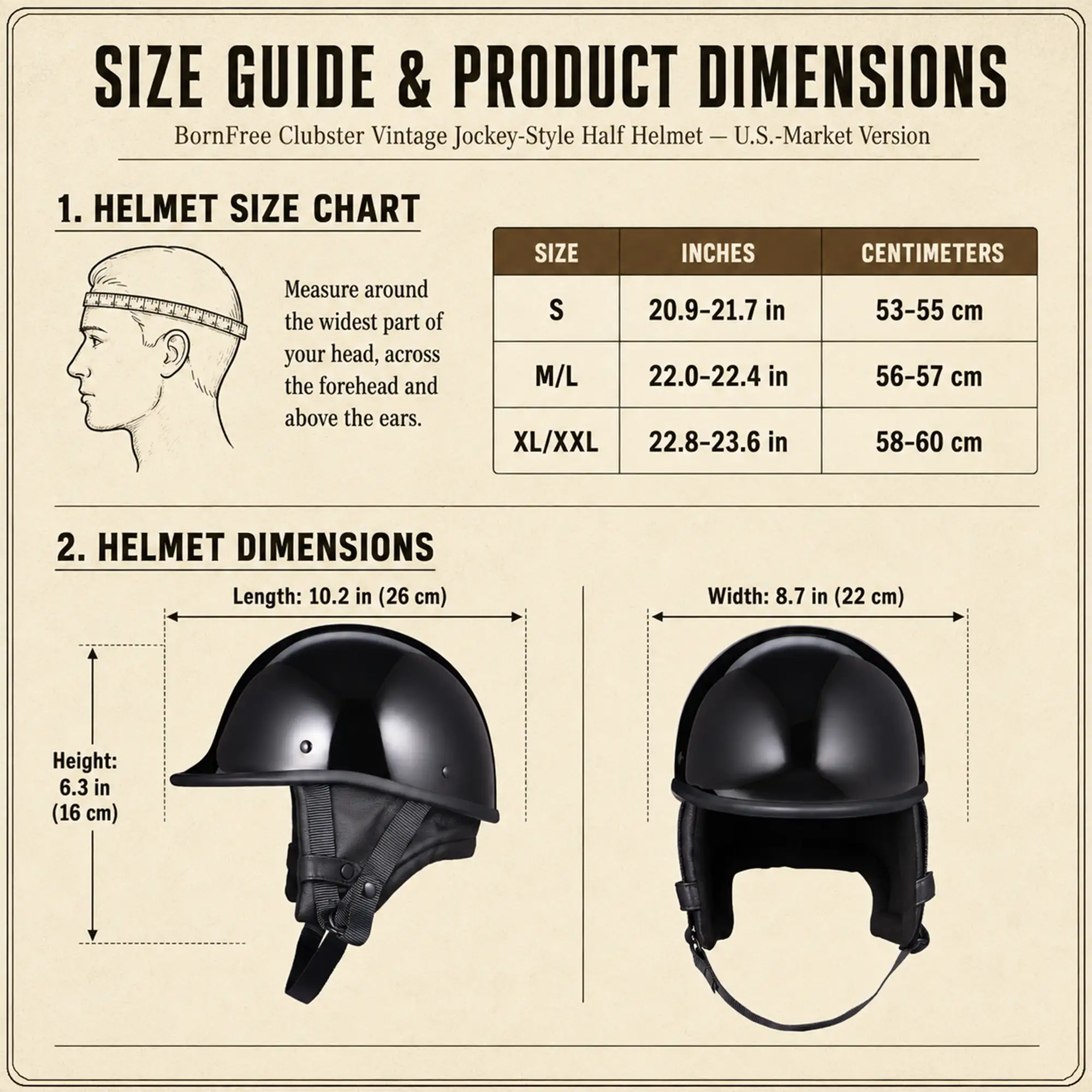 BornFree Clubster Vintage Jockey-Style Half Helmet – U.S.-Market Version - Image 5